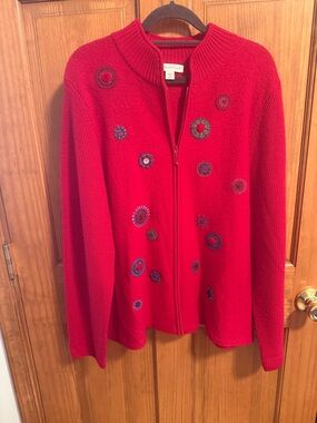 Coldwater Creek Red Zip-Front Embroidered Medallion Cardigan